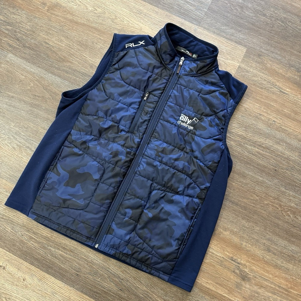RLX Ralph Lauren Blue Camo Golf Vest Men's Sz XL Ally Challenge Logo Preppy